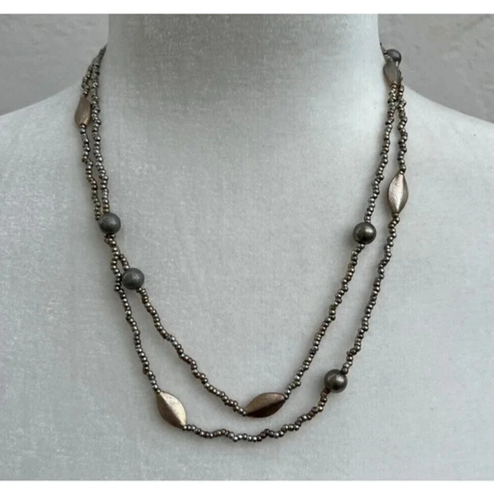 Long Strand Seed Bead Necklace With Bronze And Pewter Tones 40 Inch‎ Length​​​